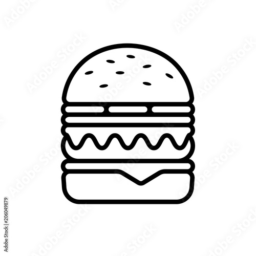 Burger logo and line hamburger icon isolated on white background. Outline sandwich simple symbol and modern sign. American fast food flat vector illustration for web site or mobile app. EPS 10