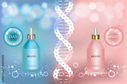 Beauty product, blue and pink cosmetic containers with night and day advertising background ready to use, luxury skin care ad, illustration vector.