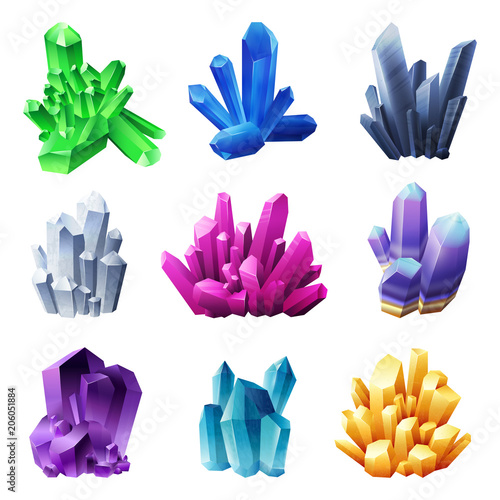 Realistic Crystal Minerals On White Background