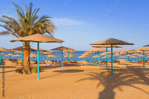 Parasols on the beach of Red Sea in Hurghada  Egypt