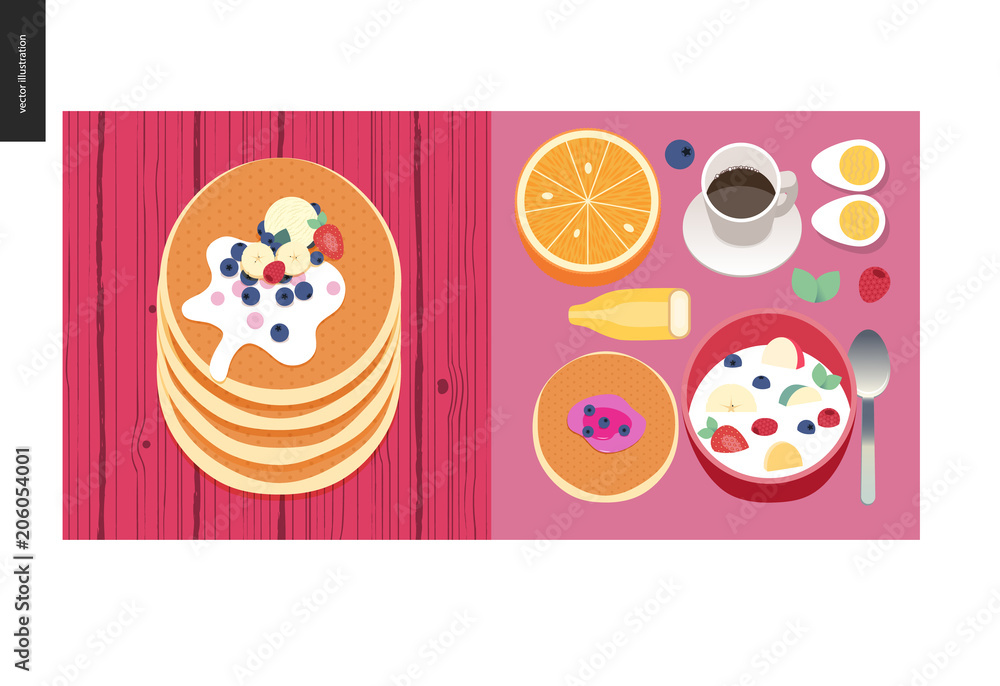 Simple things - meal - flat cartoon vector illustration of set of breakfast meal with coffee, fruits, eggs, pancakes and cereal, stack of pancakes with berries, toppings and cream - meal composition