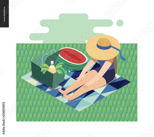 Picnic Image - flat cartoon vector illustration of girl sitting in the grass with a ribbon sun hat, picnic wicker basket, lemonade, blue abstract blanket, greenery salad, watermelon - summer postcard