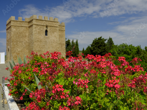 View of Torre Castillo de dona Blanca and gardens in spring sunshine, near El Puerto de Santa Maria, Andalucia, Spain