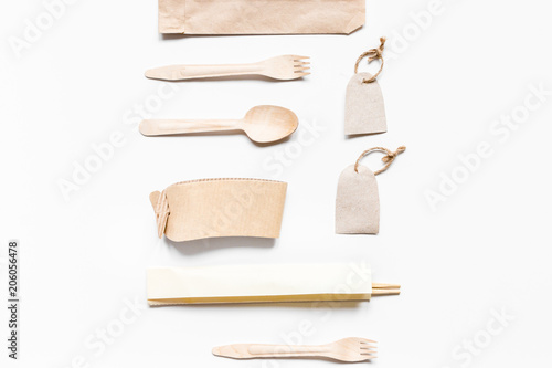 paper bags, fork and spoon for take away set top view space for 
