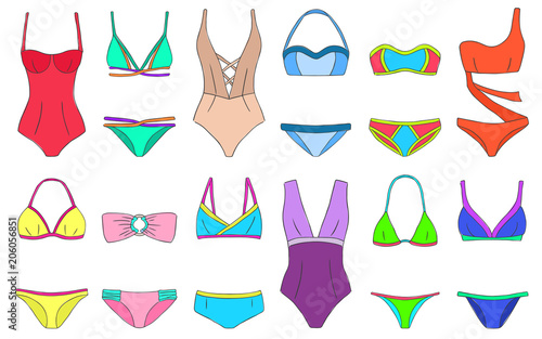 Bikini set. Woman swimsuits. Doodle bikini collection. Summer vacation. Travel. Trip. Tropical. Lady fashion. Swimming suits set. Women cloth. Ocean. Sea. Sketch.