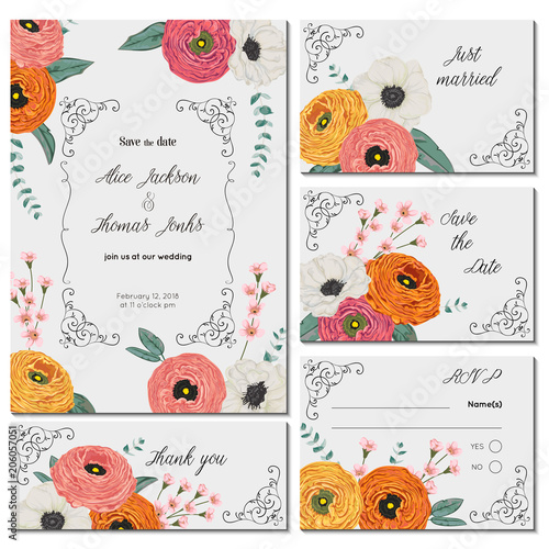 Fototapeta Save the date card with ranunculus and anemone flowers, spiral eucalyptus and alstroemeria