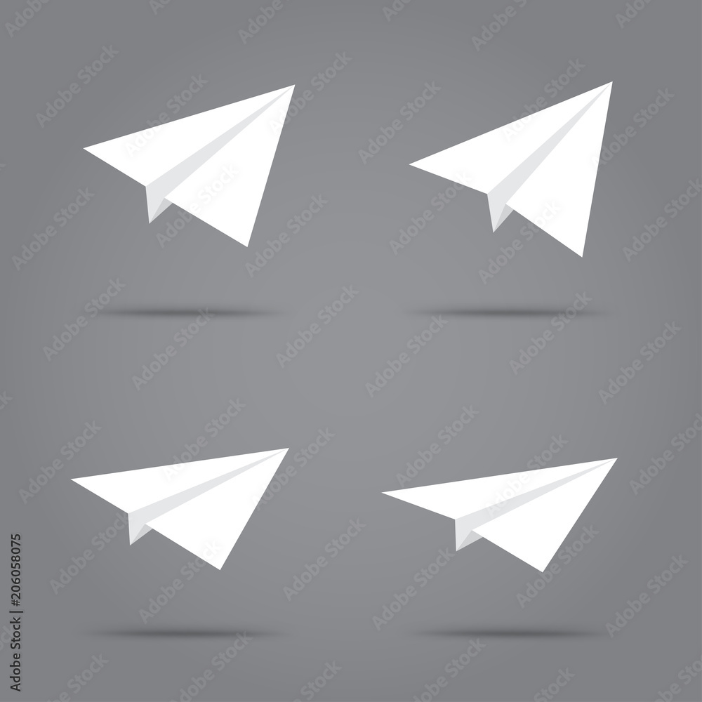 Paper plane set with shadow on gray background. Collection of white origami airplane flight and leave shadow Paper plane set with shadow on gray background. Collection of white origami airplane flight and leave shadow