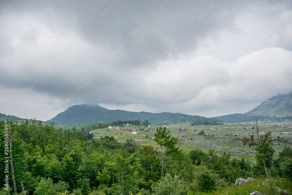 A walk in the woods and mountains in cloudy weather.