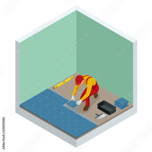 Laying tiles at home. Worker installing small ceramic tiles on bathroom floor and applying mortar with trowel. Isometric vector illustration
