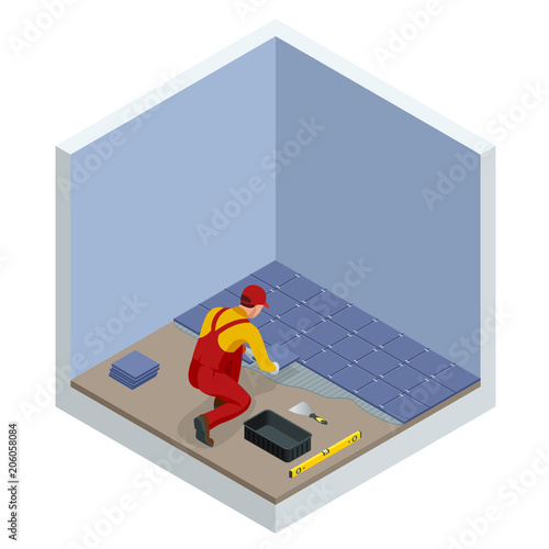 Laying tiles at home. Worker installing small ceramic tiles on bathroom floor and applying mortar with trowel. Isometric vector illustration.