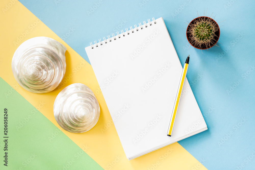 Summer vacations flatlay concept with notepad, cactus, seashells on pastel blue-green-yellow background. Summer vacations flatlay concept with notepad, cactus, seashells on pastel blue-green-yellow background.