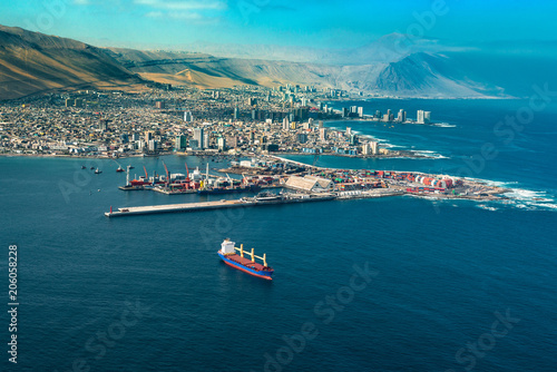 Aerial view of the port city of Iquique in northern Chile at the shores of the Atacama Desert.