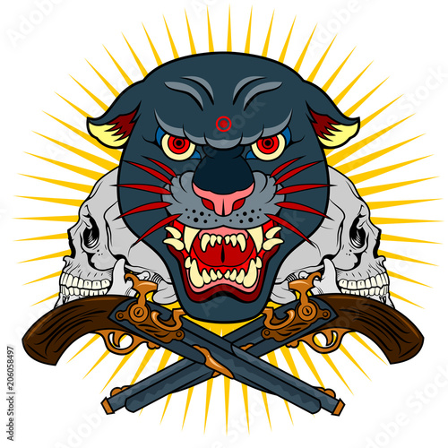 Portrait of a grunted panther in an old skull tattoo style