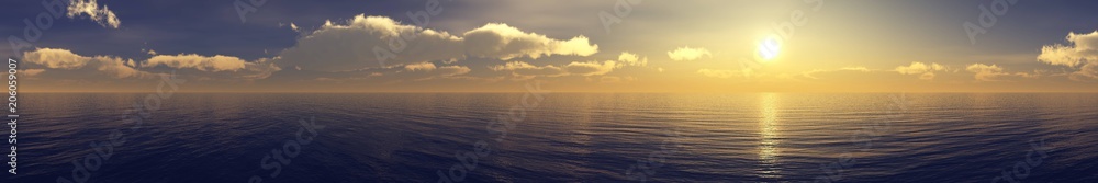 ocean sunset, panorama, sunrise over the water, clouds over the sea,
3D rendering

