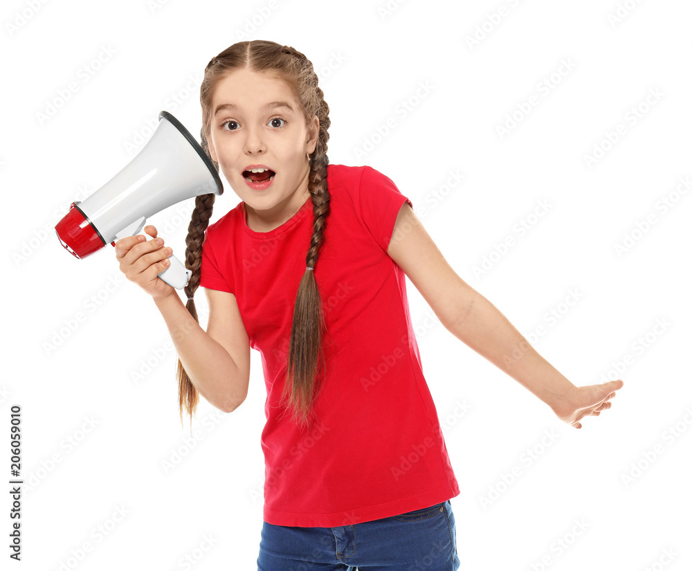 Funny little girl with megaphone on white background Funny little girl with megaphone on white background