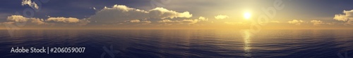 ocean sunset, panorama, sunrise over the water, clouds over the sea, 3D rendering 