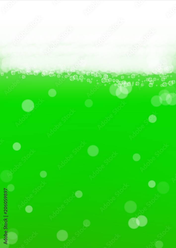 Green beer background for Saint Patricks Day with bubble foam. Cool beverage for restaurant menu design, banners and flyers. Realistic backdrop with green beer for St. Patrick. Cold lager pint