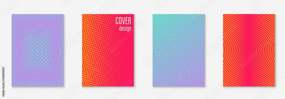 Gradient cover template set. Minimal trendy layout with halftone. Futuristic gradient cover template for banner, presentation and brochure. Minimalistic colorful shapes. Abstract business illustration