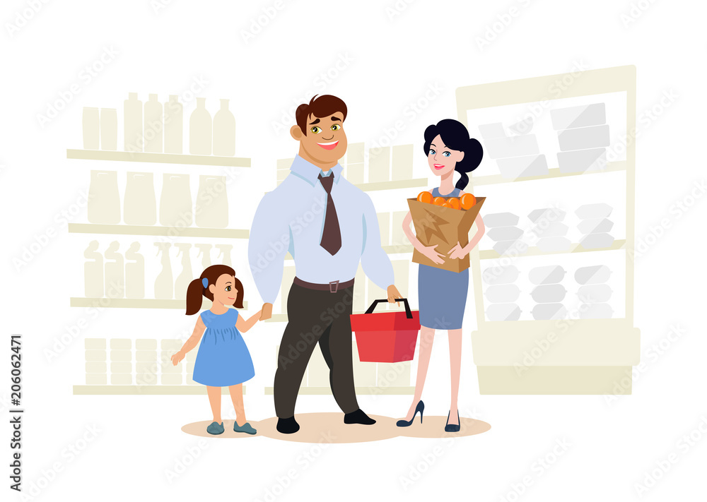 Fototapeta premium A happy family in a supermarket. People buy at the mall. Flat style. Vector.