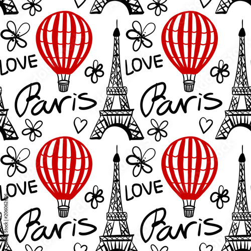 Vector Seamless Pattern red Balloon and Paris Eiffel Tower