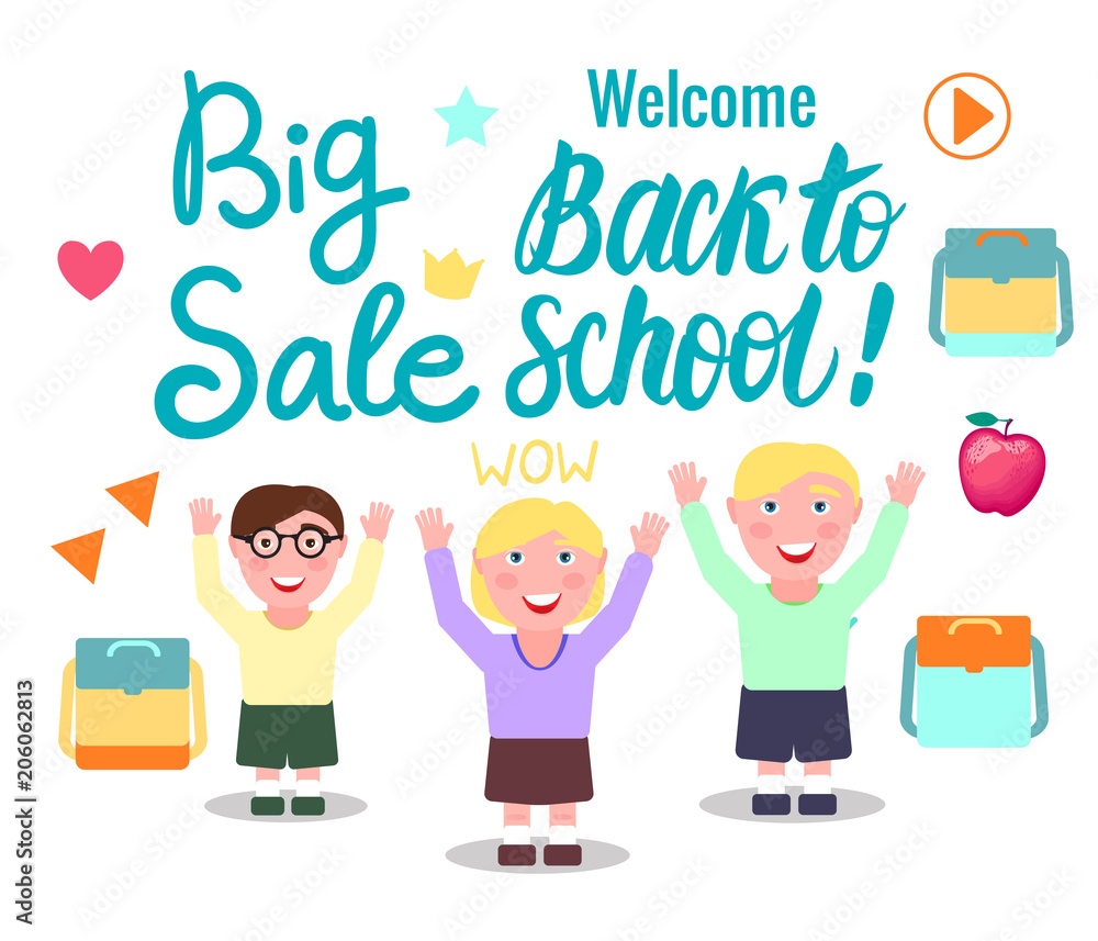 Big Sale Welcome Back to school. Cartoon girl and boys. Big Sale Welcome Back to school. Cartoon girl and boys.