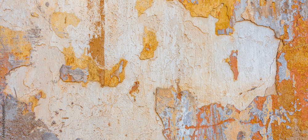 Old Cracked Weathered Shabby Yellow Painted Plastered Peeled Wall Banner Background.
