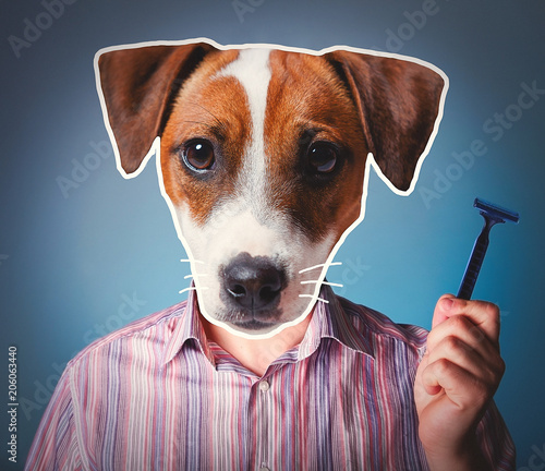 Young man with head of dog holding a razer on blue background. Collage © Masson