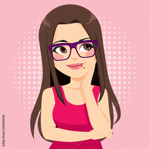 Beautiful young woman interested with hand on face and pink halftone pop art background
