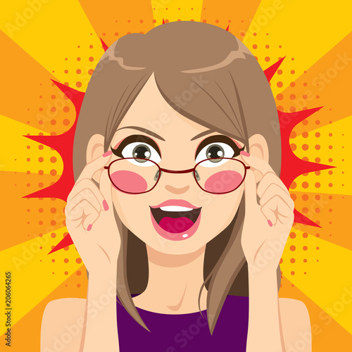 Beautiful young woman looking surprised with hands on glasses and pop art background