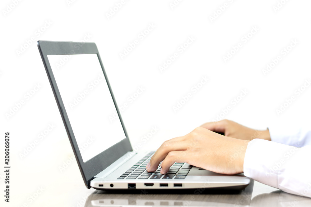 man's hands using laptop on white background man's hands using laptop on white background