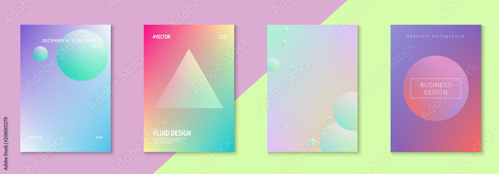 Cover fluid set with round shape. Gradient circles on holographic background. Trendy hipster template for placard, presentation, banner, flyer, brochure. Minimal cover fluid in vibrant neon colors.