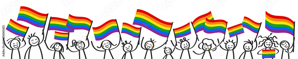 Unterstützer der LGBTQ Community schwenken Regenbogenfahnen, glückliche Strichmännchen, Demonstration, Protestmarsch, Banner - obrazy, fototapety, plakaty 