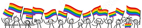 Unterstützer der LGBTQ Community schwenken Regenbogenfahnen, glückliche Strichmännchen, Demonstration, Protestmarsch, Banner