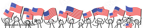 Cheering crowd of happy stick figures with American national flags, USA supporters smiling and waving star-spangled banner isolated on white background
