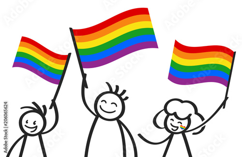 Unterstützer der LGBTQ Community schwenken Regenbogenfahnen, glückliche Strichmännchen, Demonstration, Protestmarsch