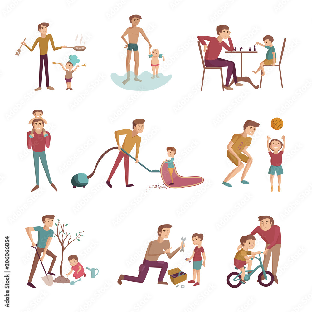 Father and son activities set cartoon vector illustration