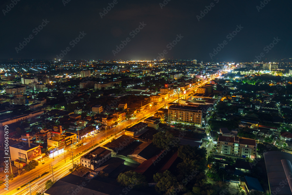 Naklejka premium Aerial view of Nakhon Ratchasima city or Korat at night, Thailand