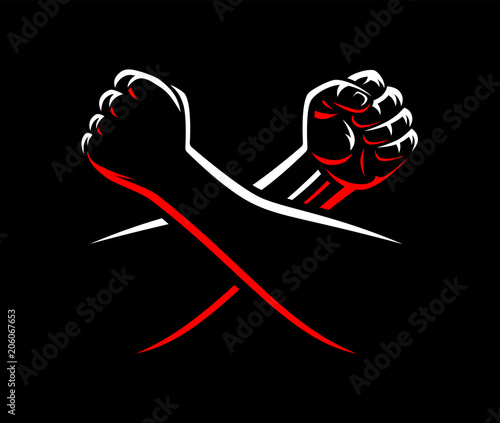 Vector clenched fists fight MMA, wrestling, kick boxing, karate sport night cage show illustration on dark background