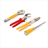 Wrench, pliers, screwdriver. Isometric construction tools.