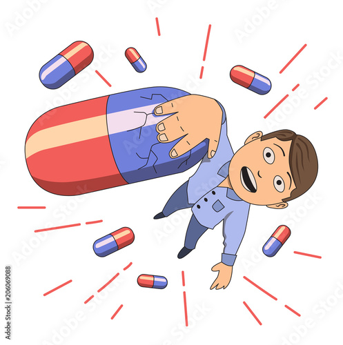 Prescription drug addiction. Scared guy hanging on a pill. Vector illustration. Isolated on white background.