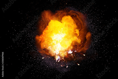Tablou canvas Realistic fiery bomb explosion with sparks and smoke isolated on black backgroun