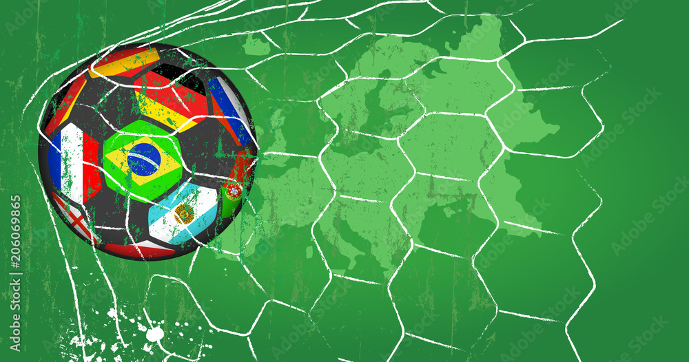 Naklejka premium Soccer ball w. flags of top national teams in goal net , grungy style vector.