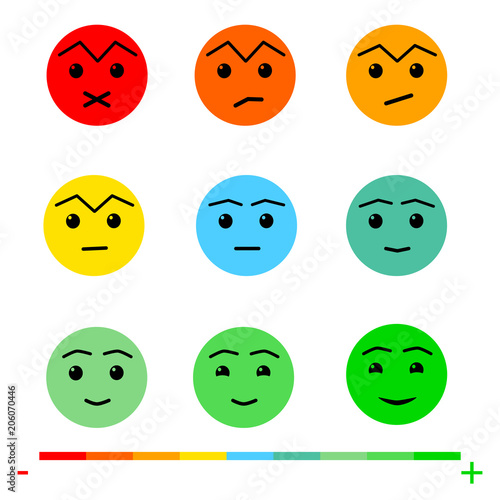 Nine Color Faces Feedback/Mood. Set nine faces scale - sad  neutral smile  - isolated vector illustration. Flat design. Vector illustration EPS10. 