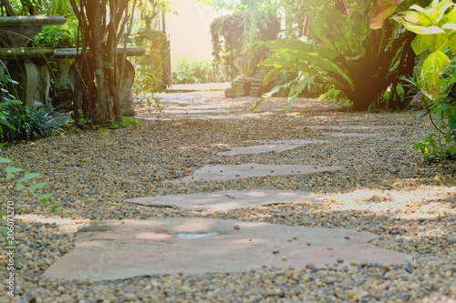 Stone walkway path in garden. summer and garden concept.