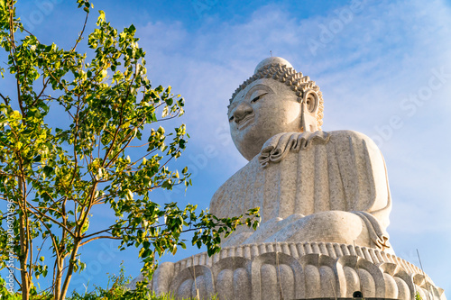 Low angle view of white marble big Buddha statue on top of the hill in evening with blue sky background and Bodhi Tree in the foreground at Phuket, Thailand.