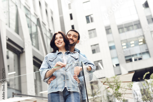 Couple in love on summer terrace of restaurant.