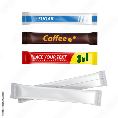 Blank foil bag set packaging for food, sugar, coffee, salt, pepper, seasoning, Vector plastic pack mock up