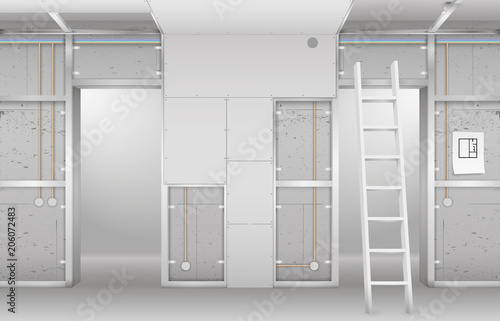Interior under construction. Frame drywall, design and complete living room. Vector graphics