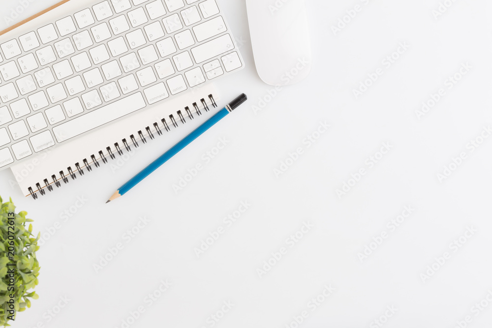 Flat lay photo of office desk with mouse and pencil on white background,Top view of pencil and office equipment Flat lay photo of office desk with mouse and pencil on white background,Top view of pencil and office equipment