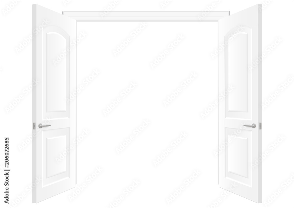 Obraz premium Open white double doors. Background in vector graphic. White wall